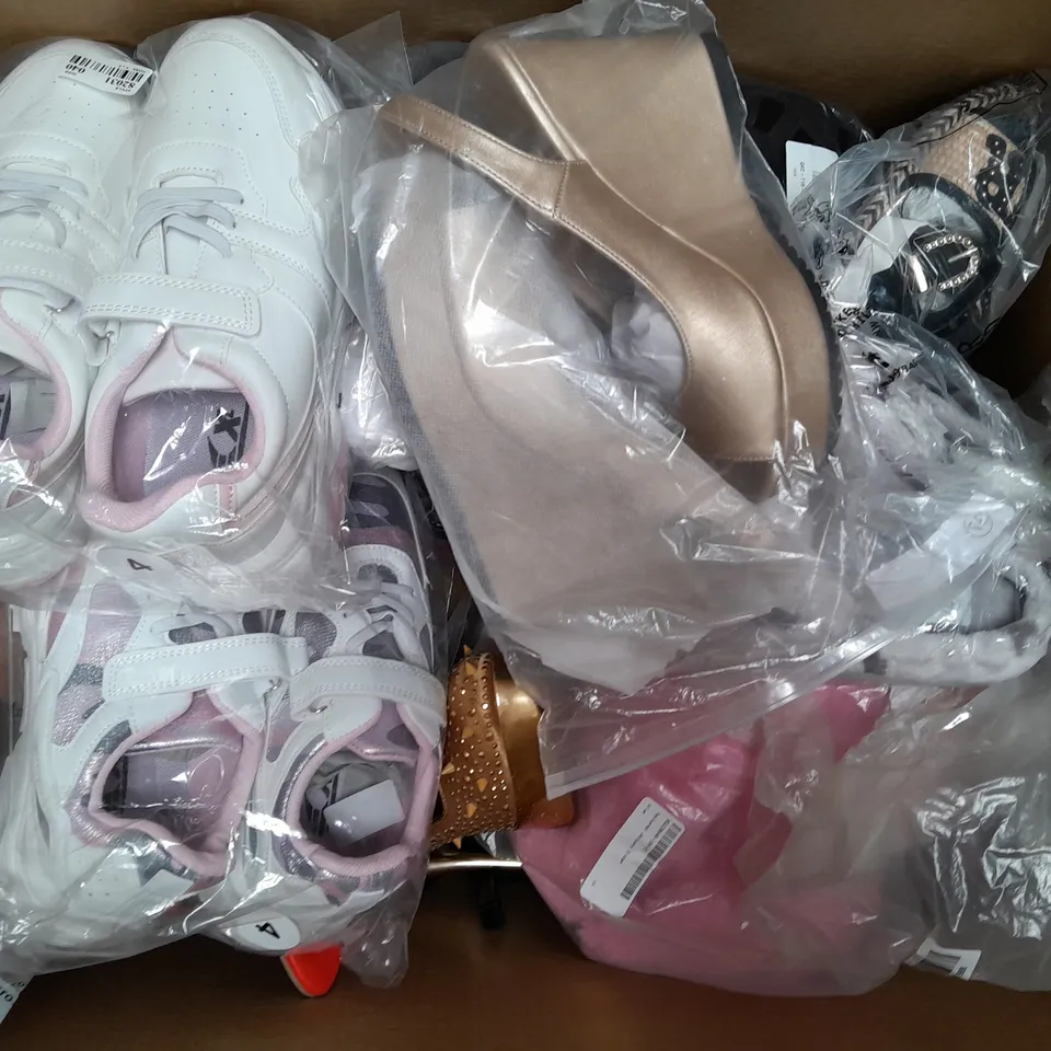 BOX OF APPROXIMATELY 15 ASSORTED PAIRS OF SHOES AND FOOTWEAR ITEMS IN VARIOUS STYLES AND SIZES TO INCLUDE FITFLOP, DOWN TO EARTH, ETC