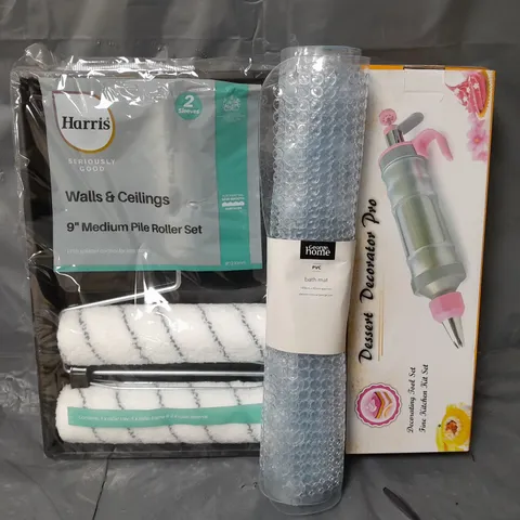 APPROXIMATELY 14 ASSORTED HOUSEHOLD ITEMS TO INCLUDE BATH MAT, DESSRT DECORATOR TOOL, HARRIS 9" MEDIUM PILE ROLLER, ETC