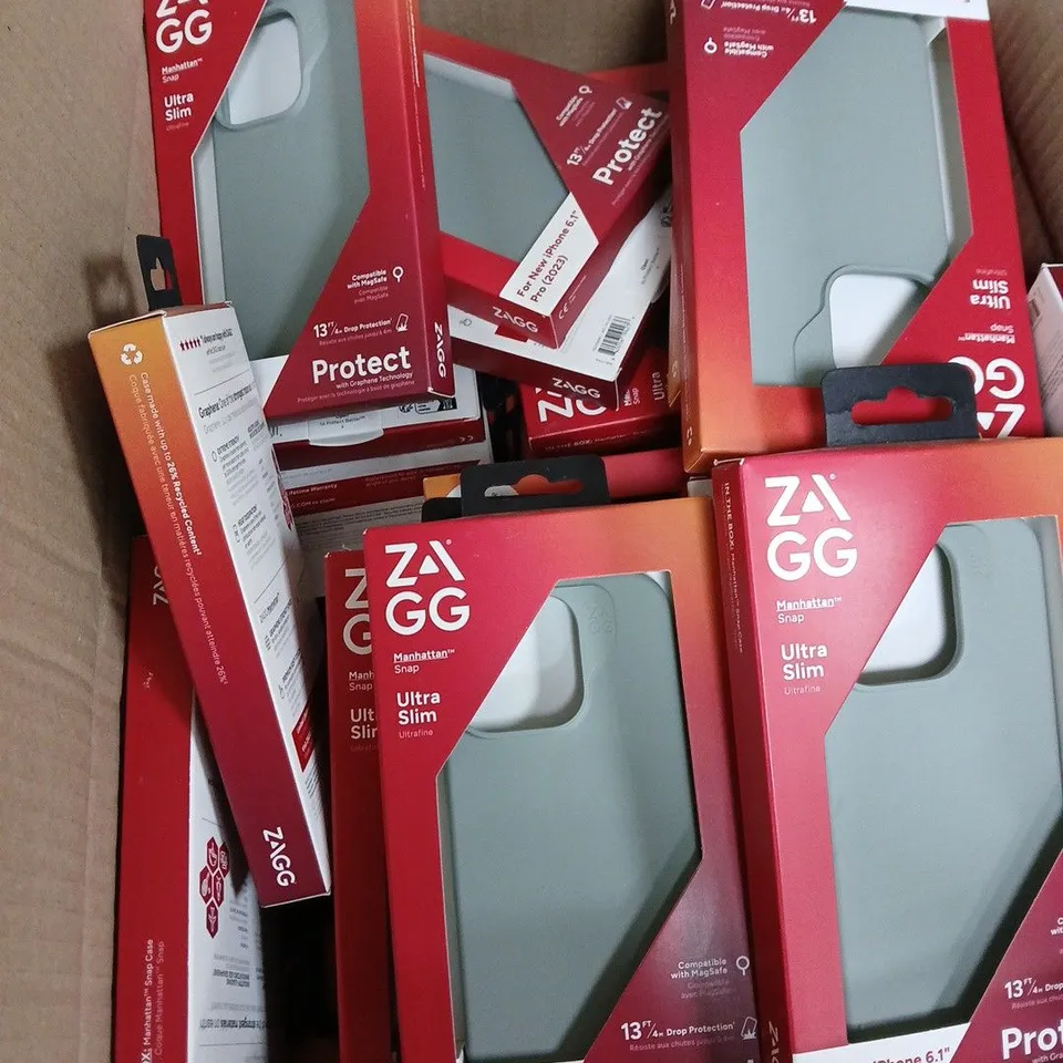 BOX OF APPROXIMATELY 70 ZAGG MANHATTAN SNAP ULTRA SLIM CASE FOR IPHONE 15 PRO (2023) – MAGSAFE COMPATIBLE