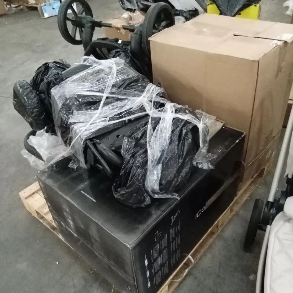 PALLET OF ASSORTED DESIGNER INCOMPLETE PRAM PARTS, PIECES AND ACCESSORIES 