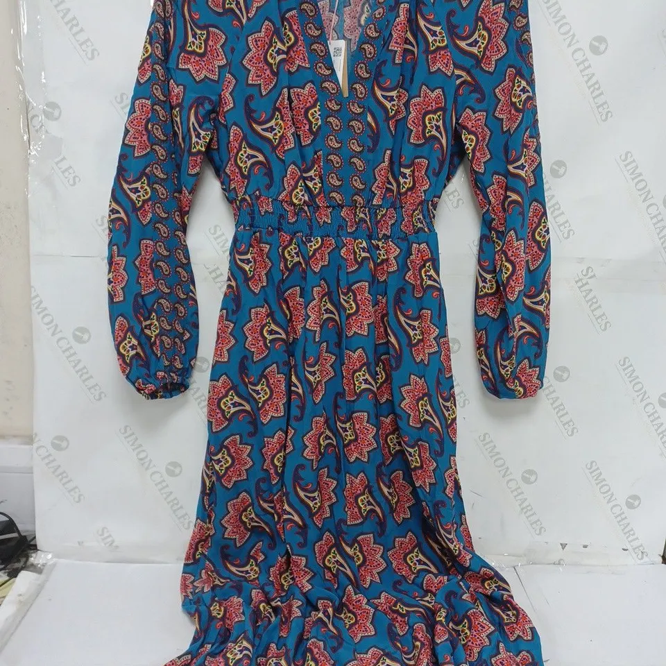 BODEN FLORAL LONG SLEEVE MAXI DRESS WITH ELASTICATED DRESS IN BLUE - UK 10R
