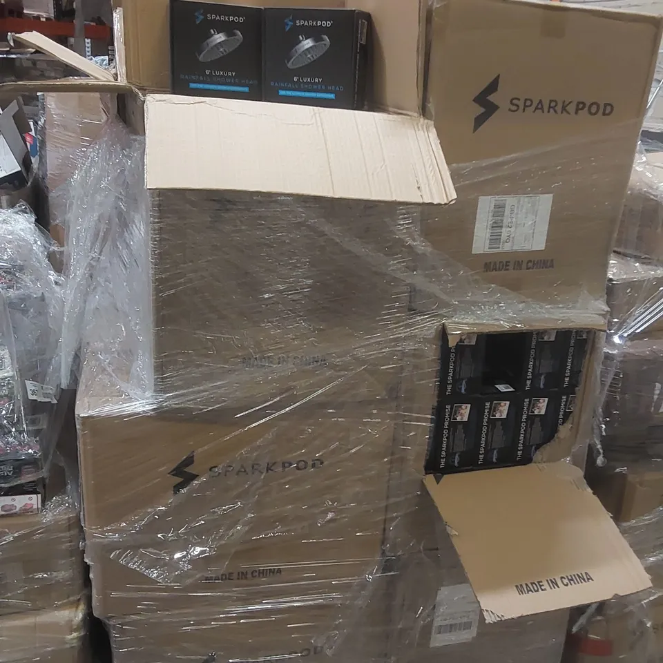 PALLET CONTAINING A LARGE QUANTITY OF SPARKPOD RAINFALL SHOWER HEADS ECT