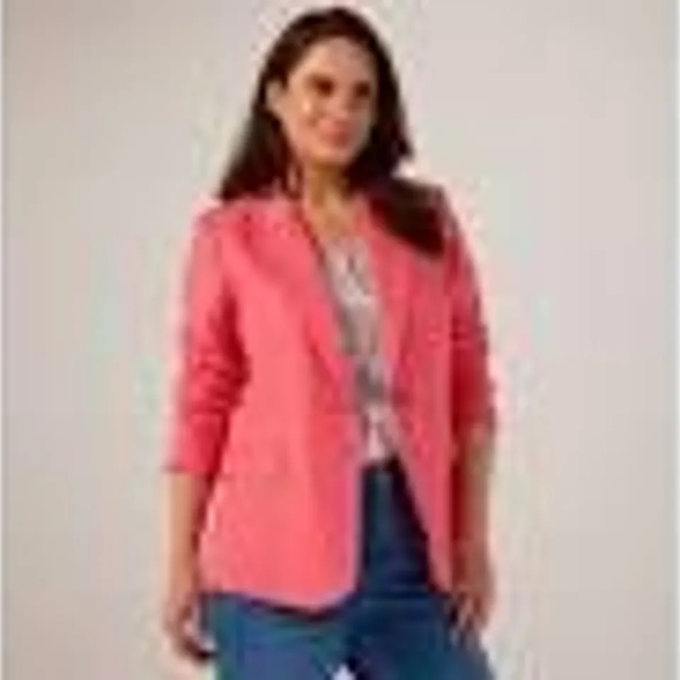 RUTH LANGSFORD LINEN BLEND BLAZER IN CORAL - SIZE 14
