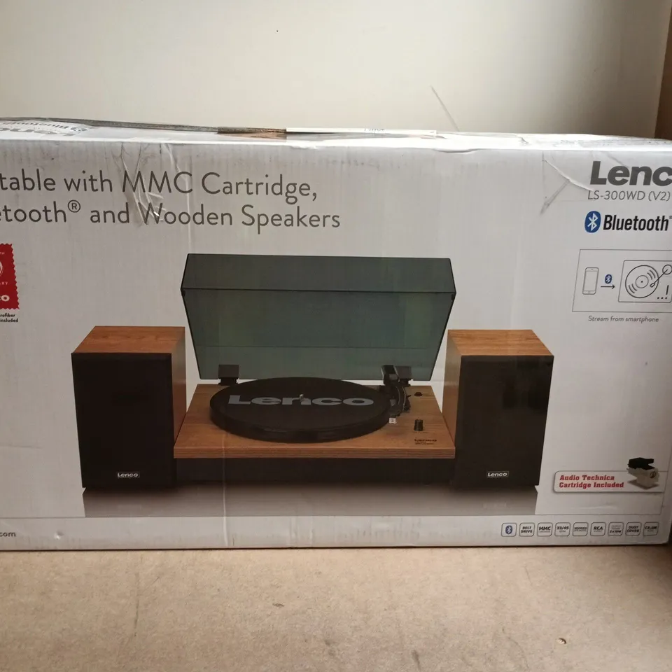 LENCO TURNTABLE WITH MMC CARTRIDGE, BLUETOOTH & WOODEN SPEAKERS – BOXED (LS-300WD V2)