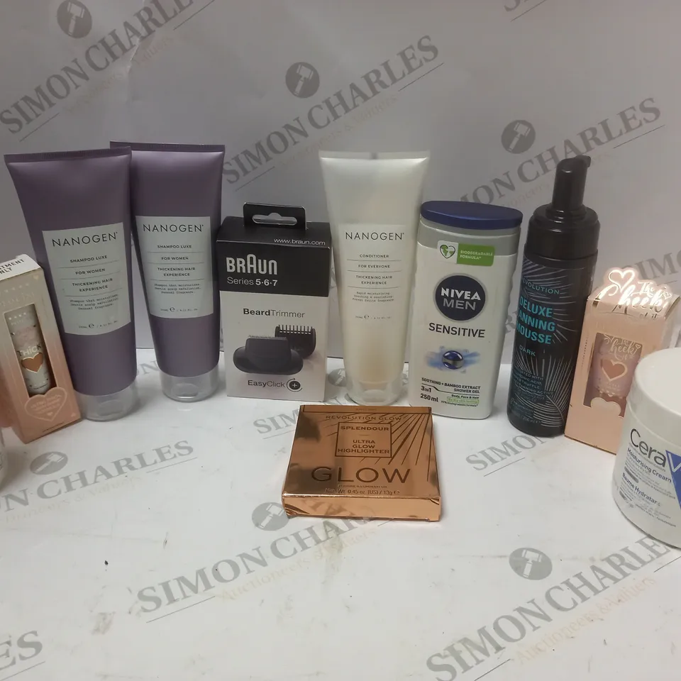APPROXIMATLEY 20 COSMETICS ITEMS TO INCLUDCERAVE MOISTURISING CREAM (454g), NANOGEN SHAMPOO LUXE FOR WOMEN (240ml), REVOLUTION DELUXE TANNING MOUSSE DARK (200ml), ETC