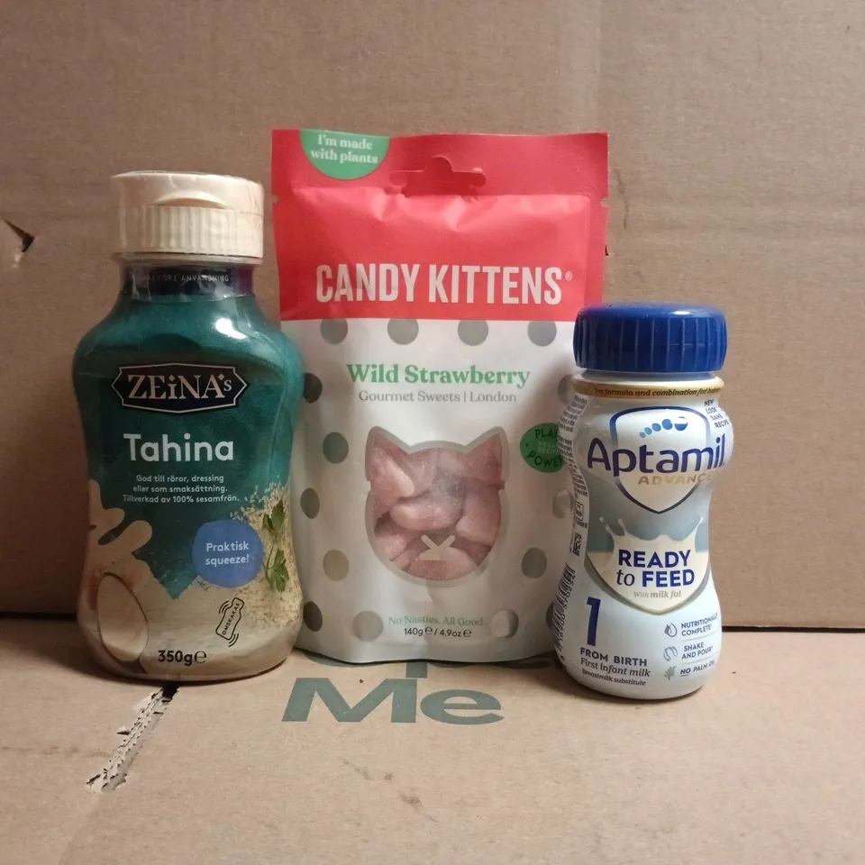 APPROXIMATELY 10 ASSORTED FOOD AND DRINK ITEMS TO INCLUDE APTAMIL, CANDY KITTENS, ETC