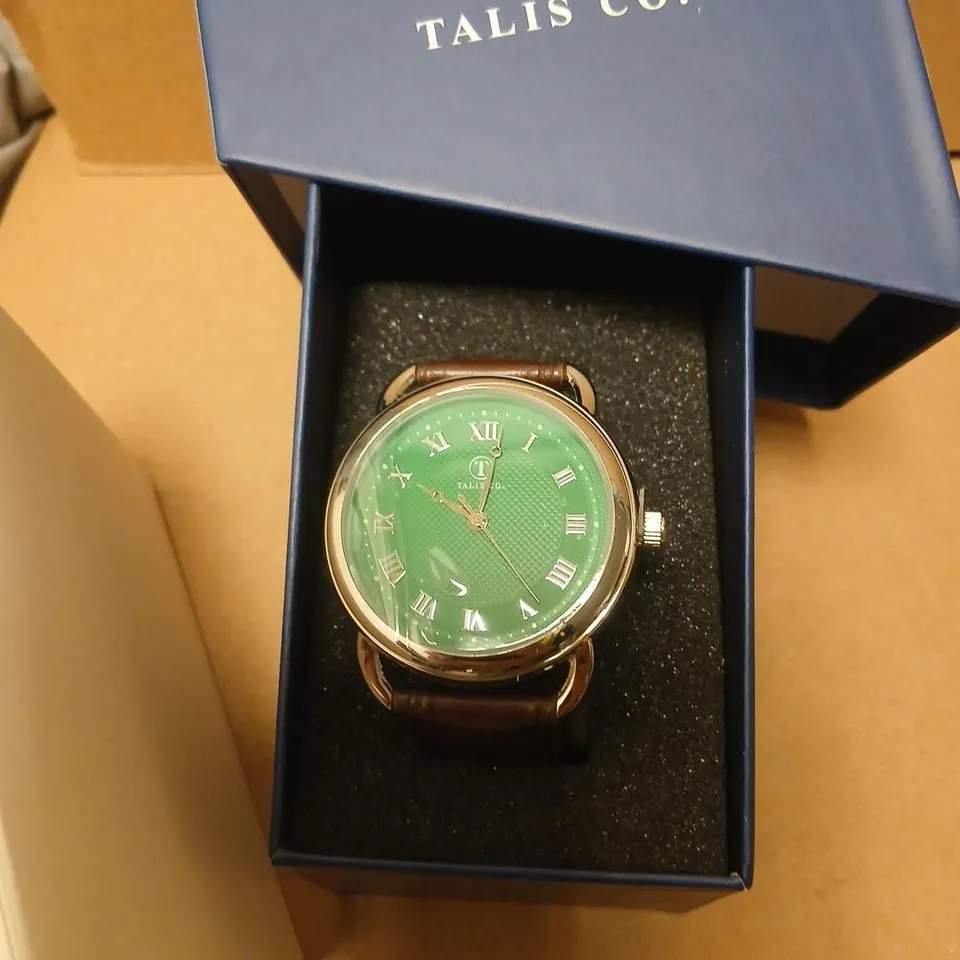 TALIS CO. WRISTWATCH – GREEN DIAL, ROMAN NUMERALS, BROWN LEATHER STRAP
