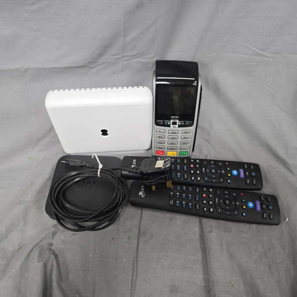 APPROXIMATELY 12 ASSORTED HOUSEHOLD ITEMS TO INCLUDE TV REMOTES, ROUTERS, CABLES, ETC