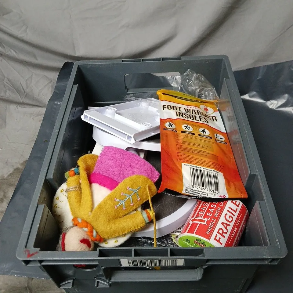 APPROXIMATELY 12 ASSORTED PRODUCTS TO INCLUDE FOOT WARMER INSOLES, FAIRY GODMOTHER TOY, FRAGILE TAPE, PORTABLE SSD ETC
