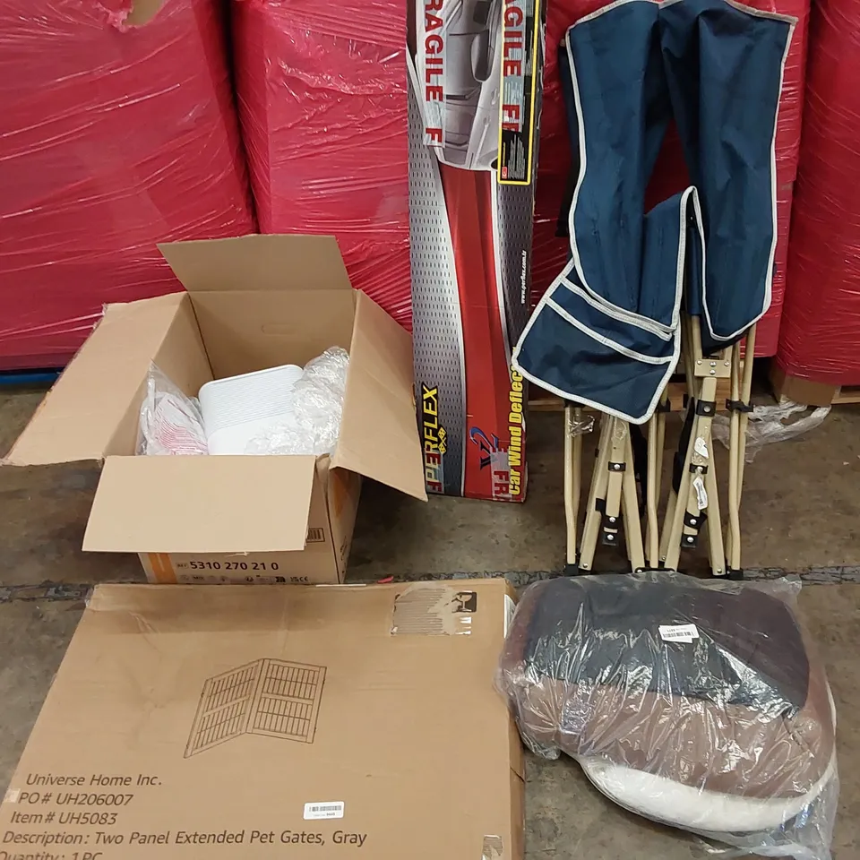 PALLET OF ASSORTED HOMEWARE AND CONSUMER PRODUCTS TO INCLUDE; FOLDING CAMPING BED, DEHUMIDIFIER, PET GATE, DACIA DUSTER WIND DEFLECTORS, PET BED ECT.