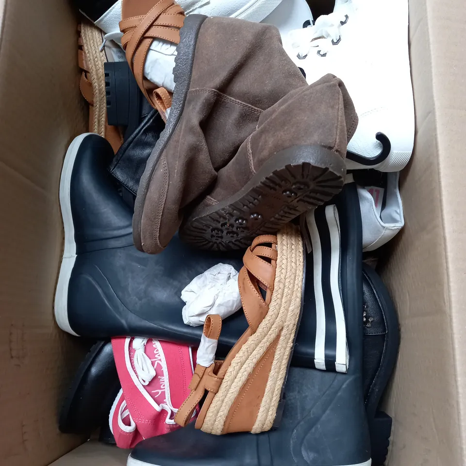 BOX OF APPROX 10 PAIRS OF ASSORTED WOMENS SHOES IN VARIOUS COLOURS, STYLES AND SIZES