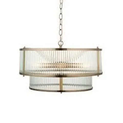 BOXED ENDON LIGHTING RIDGETON ANTIQUE BRASS CLEAR RIBBED GLASS 5 LIGHT CEILING PENDANT LIGHT