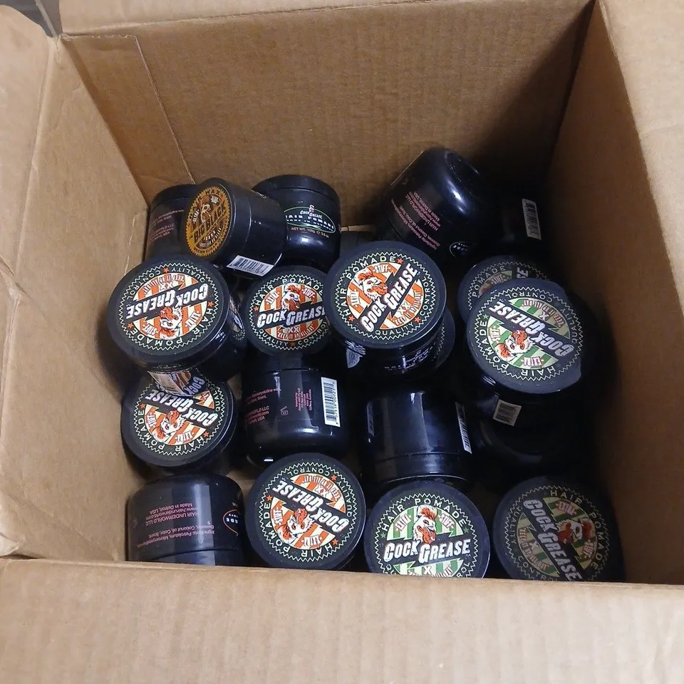 BOX OF APPROXIMATELY 20 ASSORTED COCK GREASE HAIR PRODUCTS TO INCLUDE XXTRA STIFF HAIR POMADE 100G