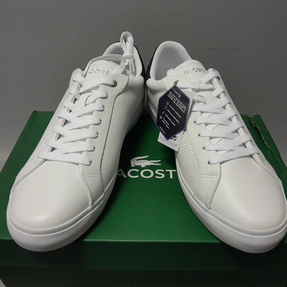 BOXED PAIR OF LACOSTE POWERCOURT 2.0 SHOES IN WHITE - UK 9