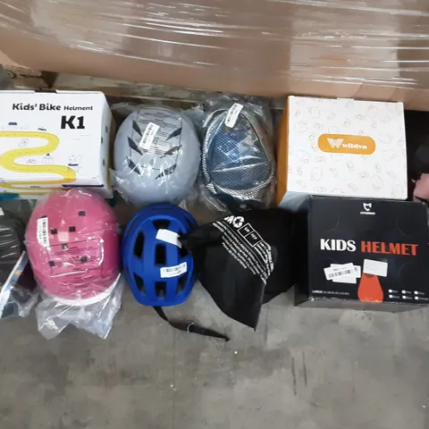 PALLET OF ASSORTED PRODUCTS TO INCLUDE CRZKO KIDS HELMET, WILDYA SPORTS PROTETIVE GEAR SET, KUSTAR HELMET, FREE BREATH SNORKELING MASK, AKASO KIDS BIKE HELMET, BLOSTM CHAINSAW SAFETY HELMET