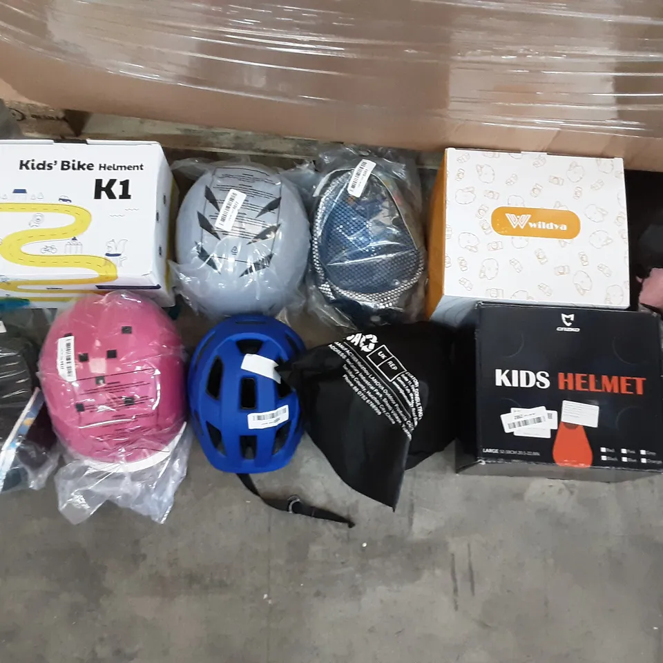 PALLET OF ASSORTED PRODUCTS TO INCLUDE CRZKO KIDS HELMET, WILDYA SPORTS PROTETIVE GEAR SET, KUSTAR HELMET, FREE BREATH SNORKELING MASK, AKASO KIDS BIKE HELMET, BLOSTM CHAINSAW SAFETY HELMET