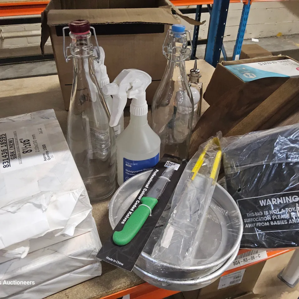 ASSORTED CATERING SUNDRIES, INCLUDING, SPRAY BOTTLES, DINNER KNIVES, CHEESE BOARD, 4 × PACKS GREASE RESISTANT PAPER, VINYL GLOVES, SALT MILL.