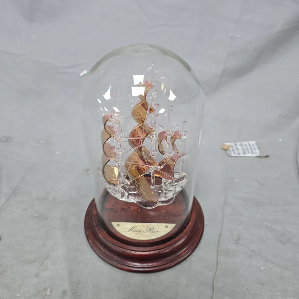 MARY ROSE GLASS DOME SCULPTURE – COPPER LEAF WIRE ARTWORK ON WOOD BASE