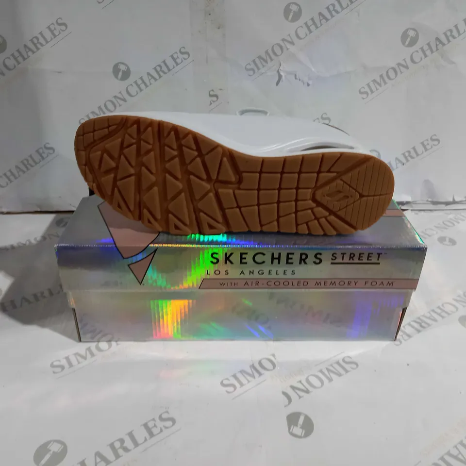 BOXED PAIR OF SKECHERS STREET SHOES WHITE/ROSE GOLD UK SIZE 7