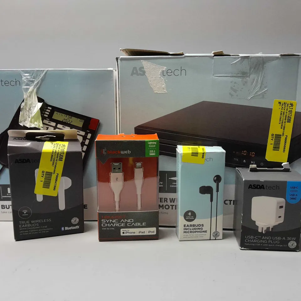 APPROXIMATELY 15 ASSORTED ELECTRICAL ITEMS TO INCLUDE DVD PLAYER, SYNC AND CHARGE CABLE, BIG BUTTON PHONE, ETC