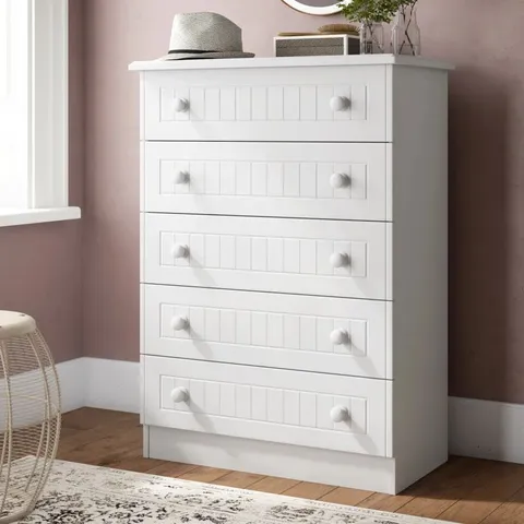 BOXED SAXENA 5-DRAWER CHEST OF DRAWERS - WHITE (1 BOX)