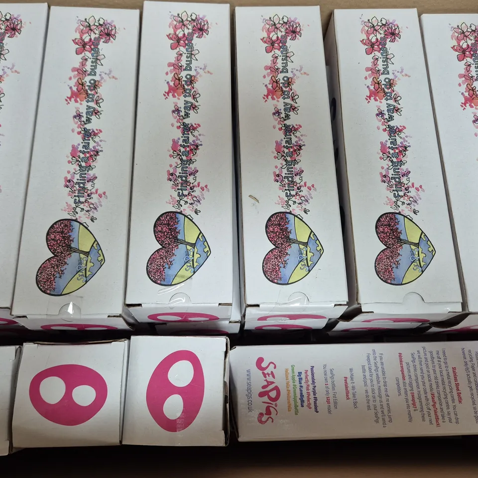BOX OF APPROXIMATELY 30 SEAPIGS WATER BOTTLES IN PINK