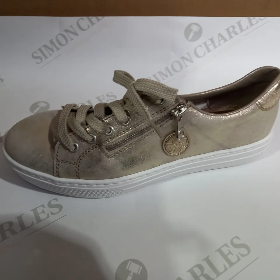 BOXED PAIR OF RIEKER GOLD METALLIC TRAINERS - SIZE 6