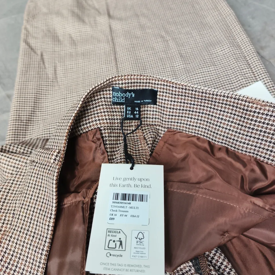 NOBODY'S CHILD CHECK TROUSERS – UK 16 (EU 44 / US 12) – BROWN HOUNDSTOOTH, NEW WITH TAGS