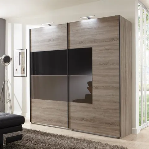 BOXED CAIRO SLIDING WARDROBE IN MONTANA OAK AND BLACK MOCHA GLASS DOOR (5 BOXES)