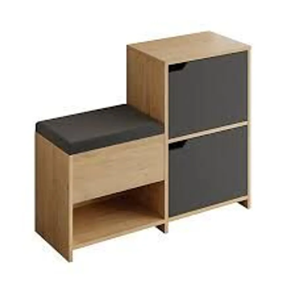 BOXED DECORTIE MODERN HAVEN SHOE BENCH RACK 101.5(W) 2 CUPBOARD STORAGE CABINET 1 OPEN SHELF FABRIC SEAT IN OAK/GREY