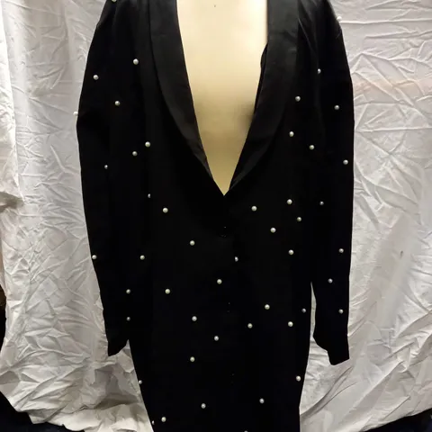 SAINT GENIES PEARL DETAIL BLACK LONG BLAZER - SIZE UK 24