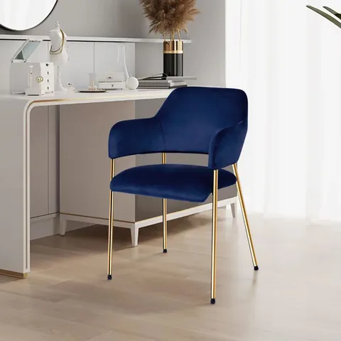 BOXED SET OF 2 BLUE VELVET/GOLD LEG DINING CHAIRS