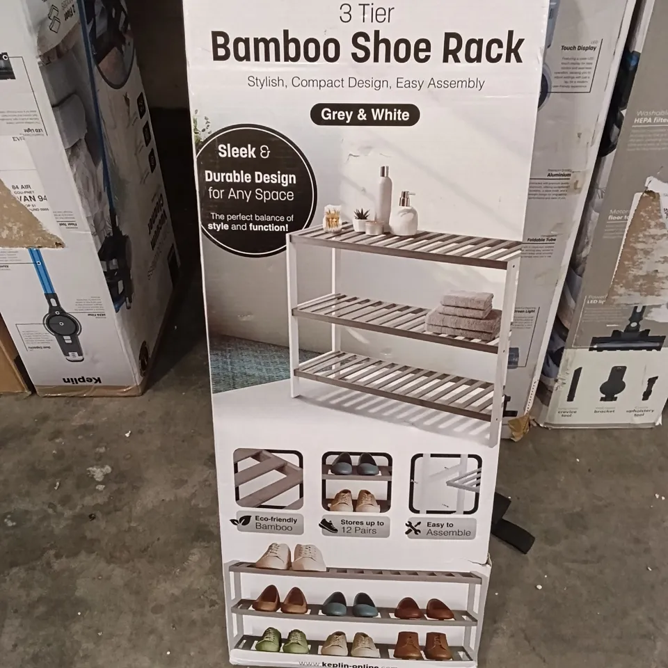 BOXED KEPLIN 3 TIER BAMBOO SHOE RACK GREY AND WHITE COLOUR 