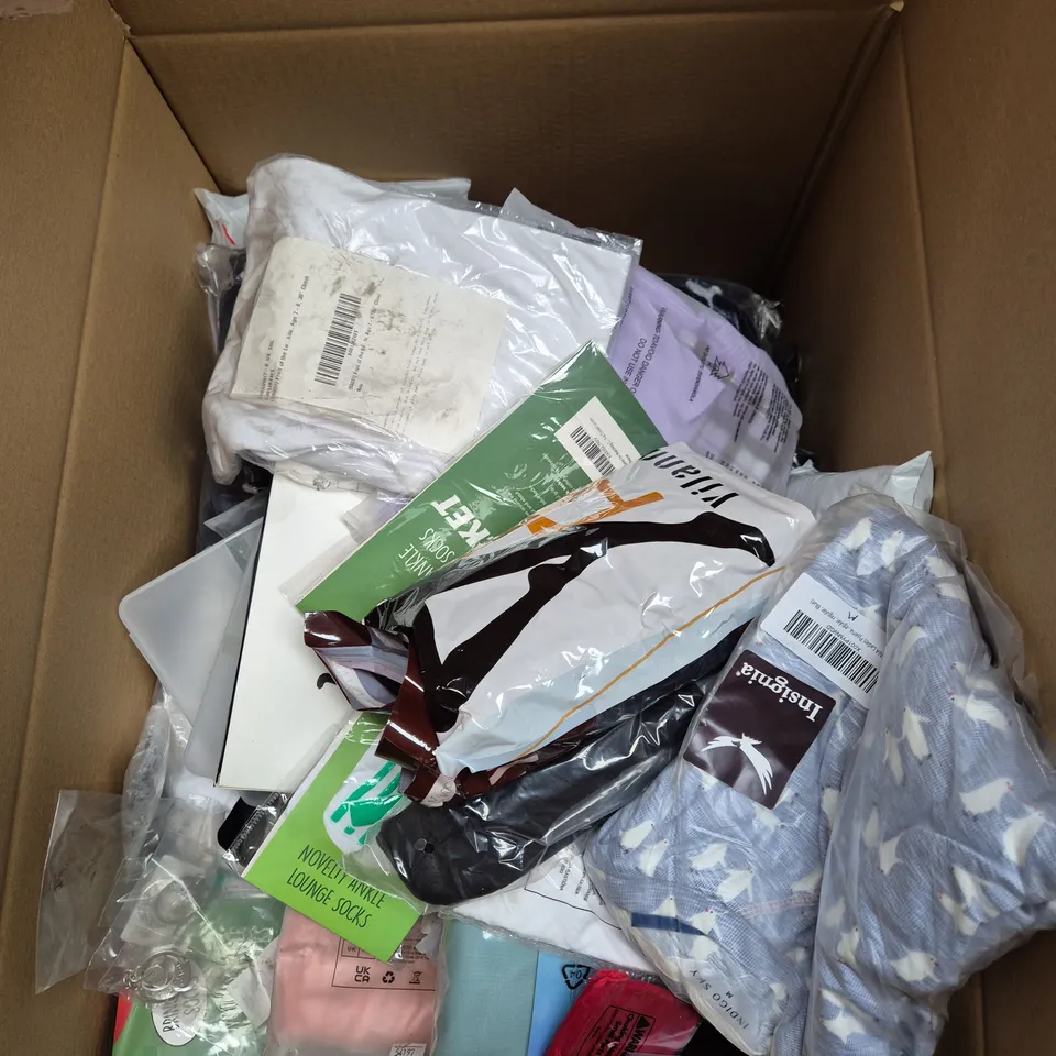 LARGE BOX OF ASSORTED ITEMS TO INCLUDE SOCKS, BOOB TAPE AND GARMENT BAG - COLLECTION ONLY