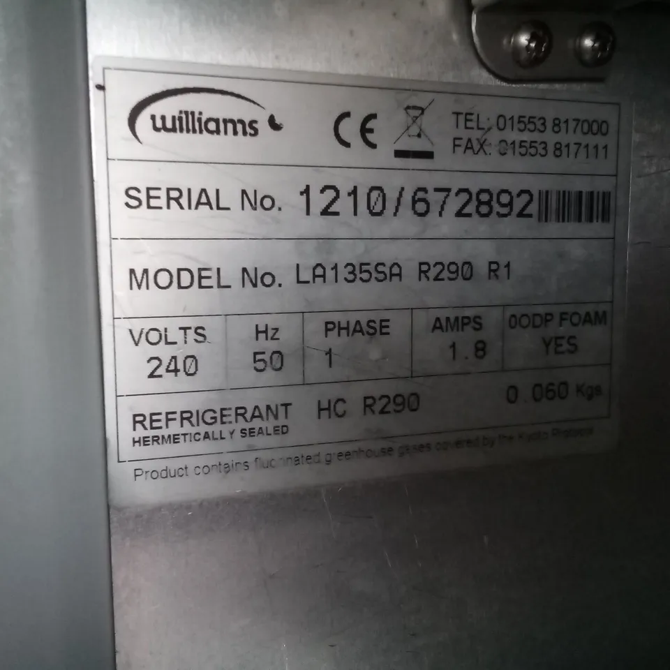 WILLIAMS LA135SA R290 R1 AMBER COMMERCIAL UNDER COUNTER FREEZER