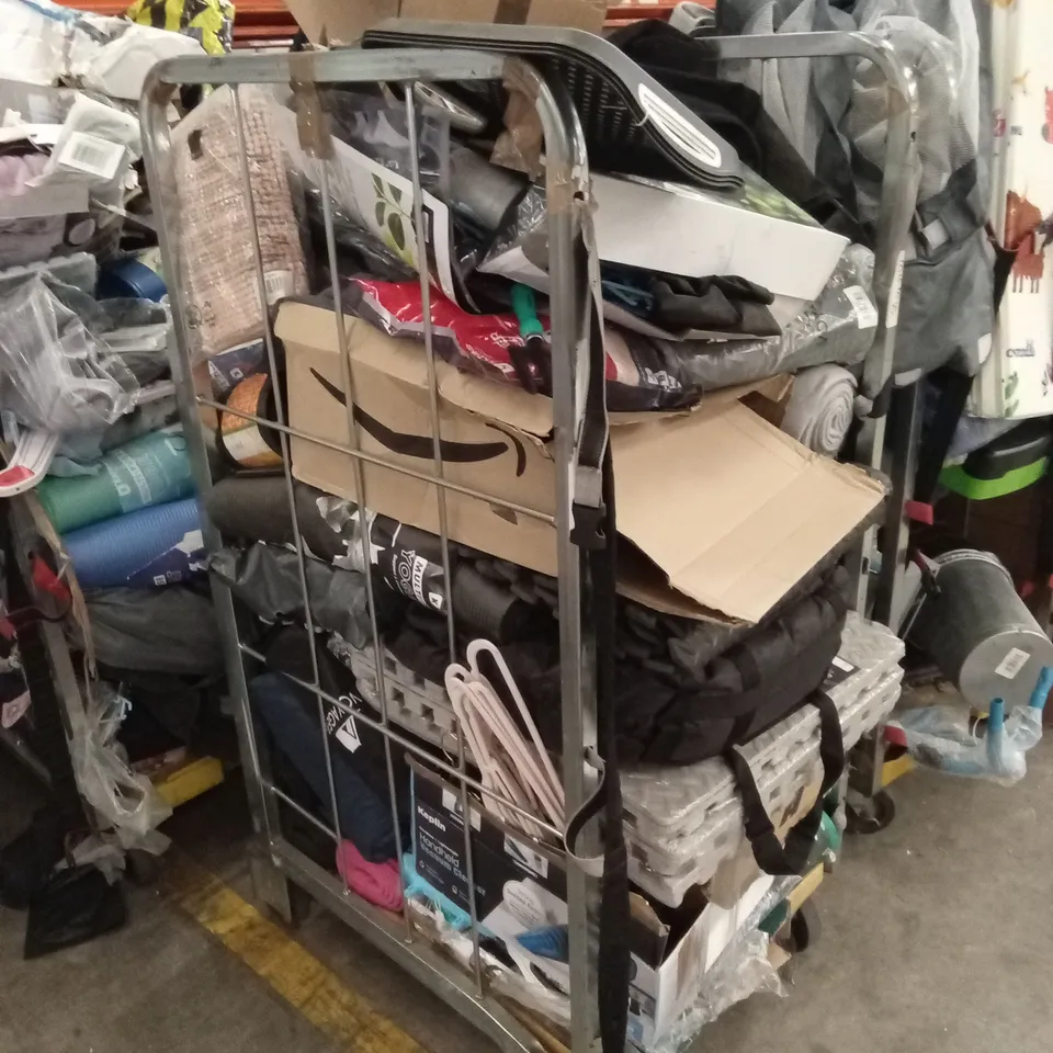 CAGE OF ASSORTED HOUSEHOLD GOODS AND PRODUCTS TO INCLUDE; FOAM EXERCISE MATS, YOGA MATS, BIN BAGS ETC