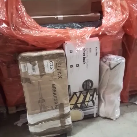 PALLET OF ASSORTED HOUSEHOLD GOODS AND PRODUCTS TO INCLUDE;BREAKER HAMMER,SHOE RACK,RUG