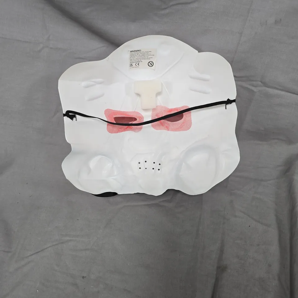 WHITE COSPLAY MASK WITH BLUE MARKINGS AND RED EYE ACCENTS