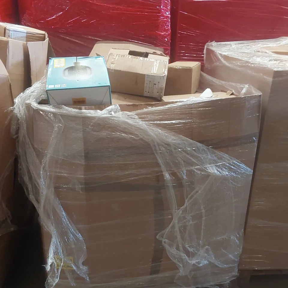 PALLET CONTAINING A VERY LARGE QUANTITY OF ASSORTED DESIGNER LIGHTING PRODUCTS INCLUDING: QUINLAN ARC FLOOR LAMP, BATHROOM LIGHT, LOGAN CEILING LIGHT, TABLE LAMP BASE ECT