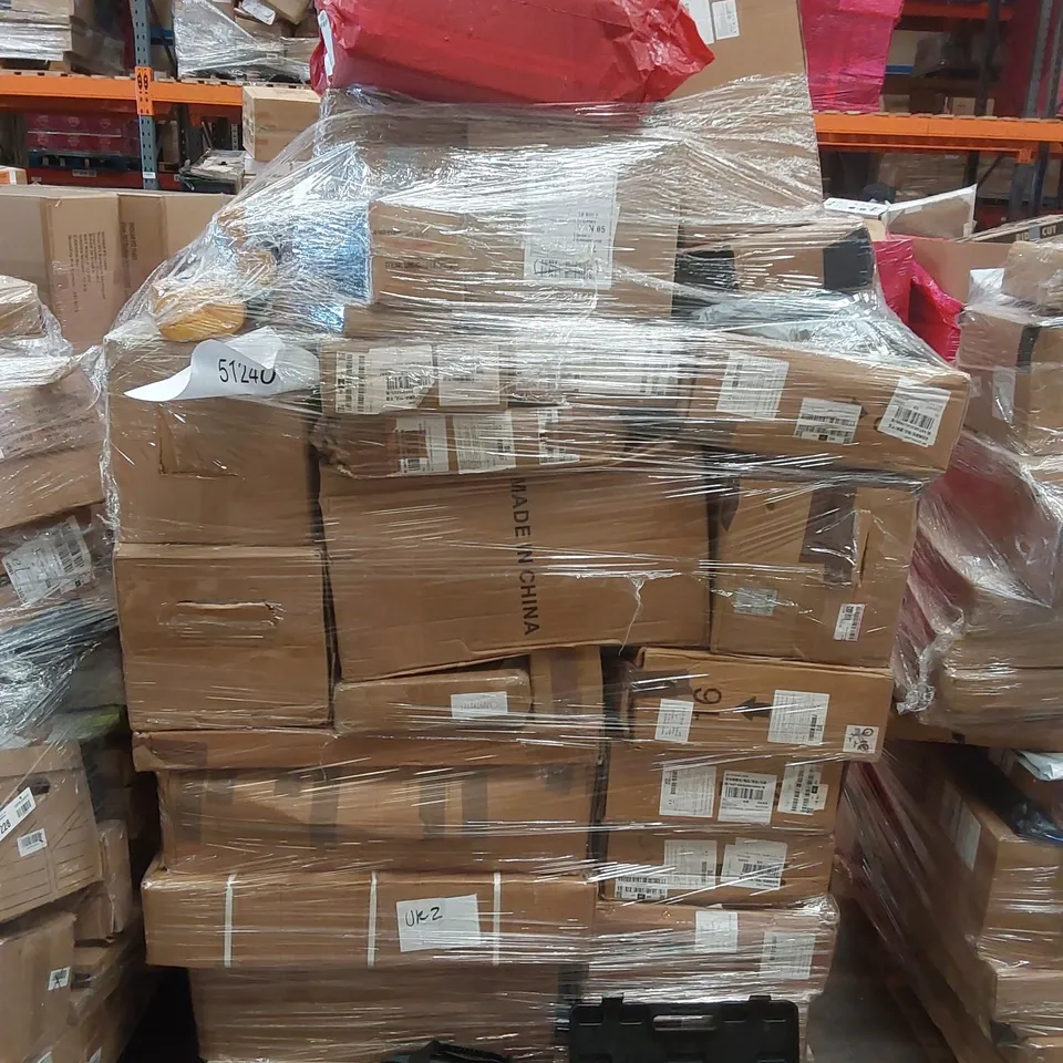 PALLET CONTAINING VARIOUS ASSORTED BOXED ITEMS TO INCLUDE, PIPE BENDING KIT, CARRY CASE, WALL PAPER ROLLS, DEEP FAT FRYERS AND LOTS MORE UNMARKED BOXED ITEMS 