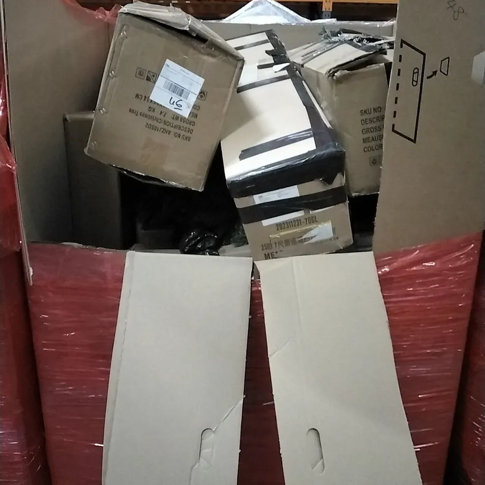 PALLET OF HOUSEHOLD ITEMS TO INCLUDE SCOOTER, VIBRATION PLATE,  7FT GREEN TREE, CHRISTMAS TREE AND OTHER ASSORTED ITEMS...