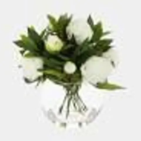 PEONY FAUX WHITE FLOWERS IN GLASS VASE (SET OF 2)