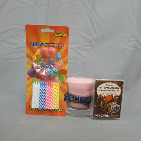 APPROXIMATELY 10 ASSORTED HOUSEHOLD ITEMS TO INCLUDE SCENTED WAX MELT, HAPPY BIRTHDAY CANDLES, ETC