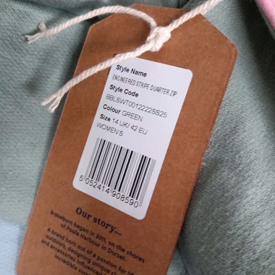 BRAKEBURN WOMEN'S ENGINEERED STRIPE QUARTER ZIP TOP – GREEN WITH PINK TRIM, UK 14