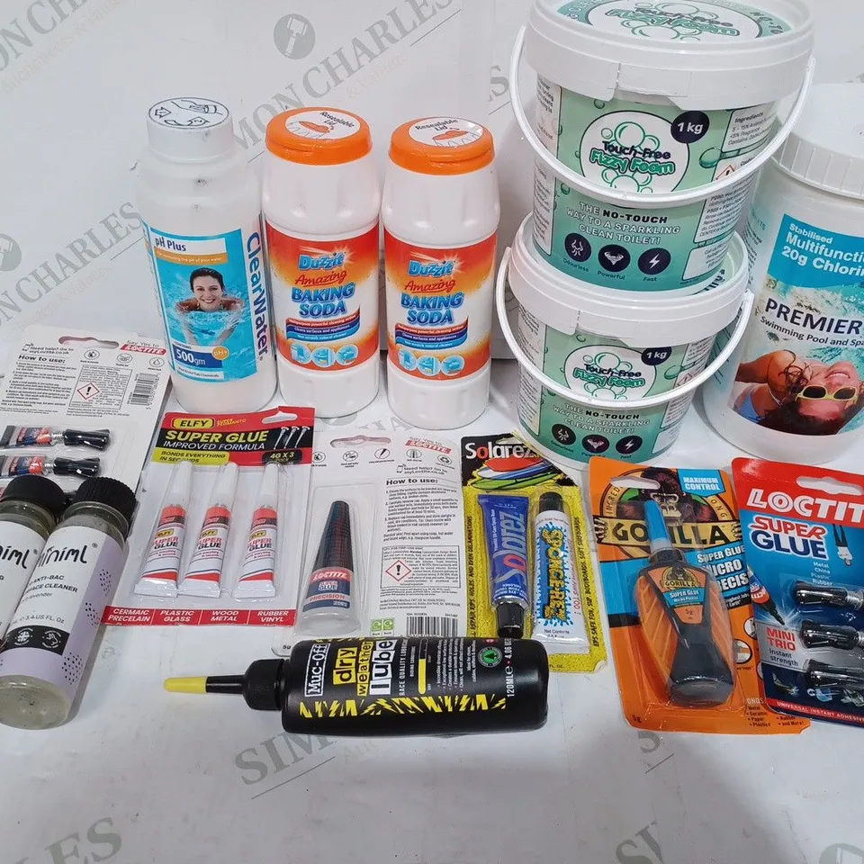 BOX TO CONTAIN APPROX. 20 X ASSORTED HOUSEHOLD DIY & MAINTENANCE PRODUCTS. INCLUDES SUPER GLUE, TOILET CLEANER, PH WATER CHANGER ETC 