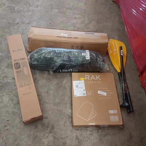 PALLET OF ASSORTED ITEMS INCLUDING: CAMPING TENT, CAMPING DOME TENT, ORES, TA-DA 2 IN 1 WALKING STICK/CAMPING CHAIR ECT