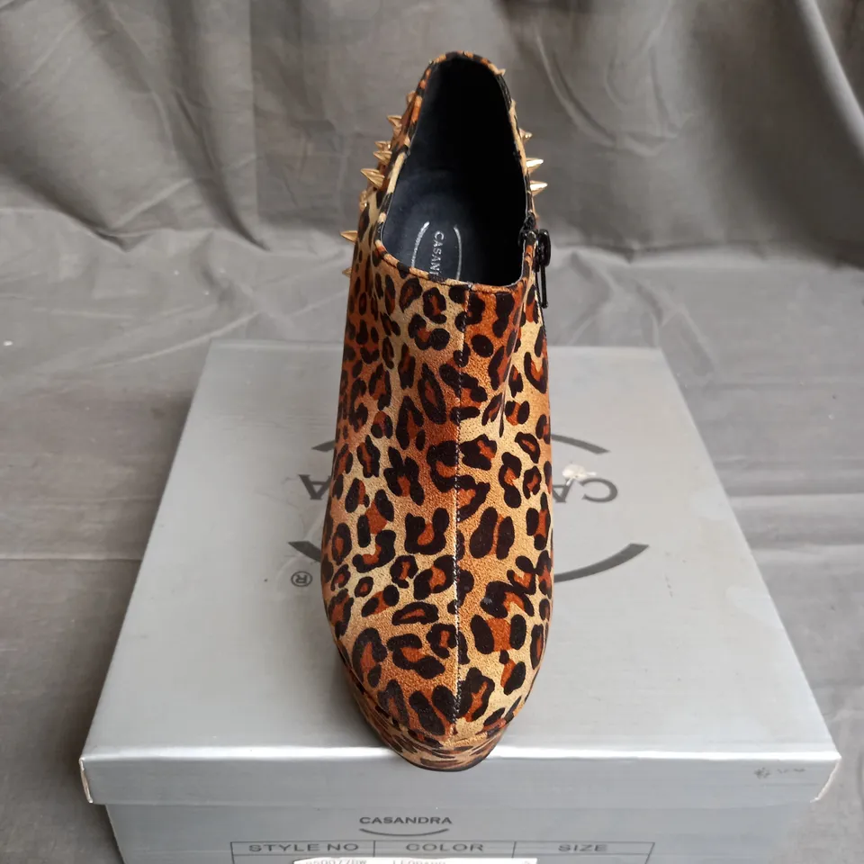 BOX OF 8 PAIRS OF CASSANDRA WEDGE ANKLE BOOTS IN LEOPARD WITH GOLD SPIKES - VARIOUS SIZES