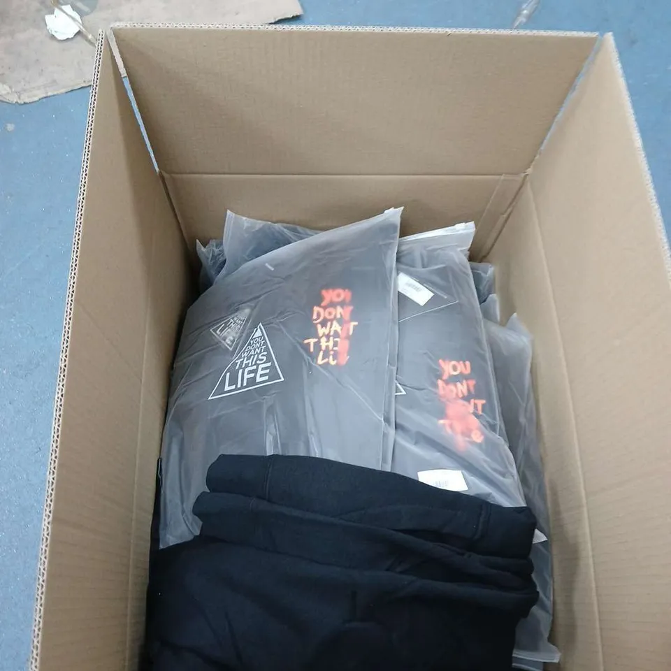APPROXIMATELY 18 HOODIES WITH THE LOGO OF YOU DON'T WANT THIS LIFE ON THE FRONT AND BACK SIZE LARGE .