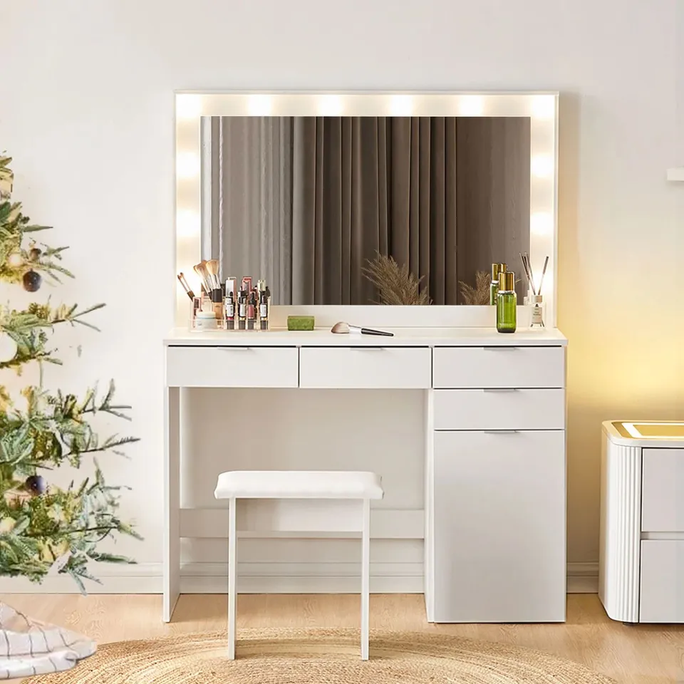 DRESSING TABLE WITH FLIP-UP MIRROR AND STORAGE STOOL, VANITY TABLE WITH DRAWER AND HIDDEN COMPARTMENTS FOR BEDROOM, LIVING ROOM, WHITE (1 BOX)