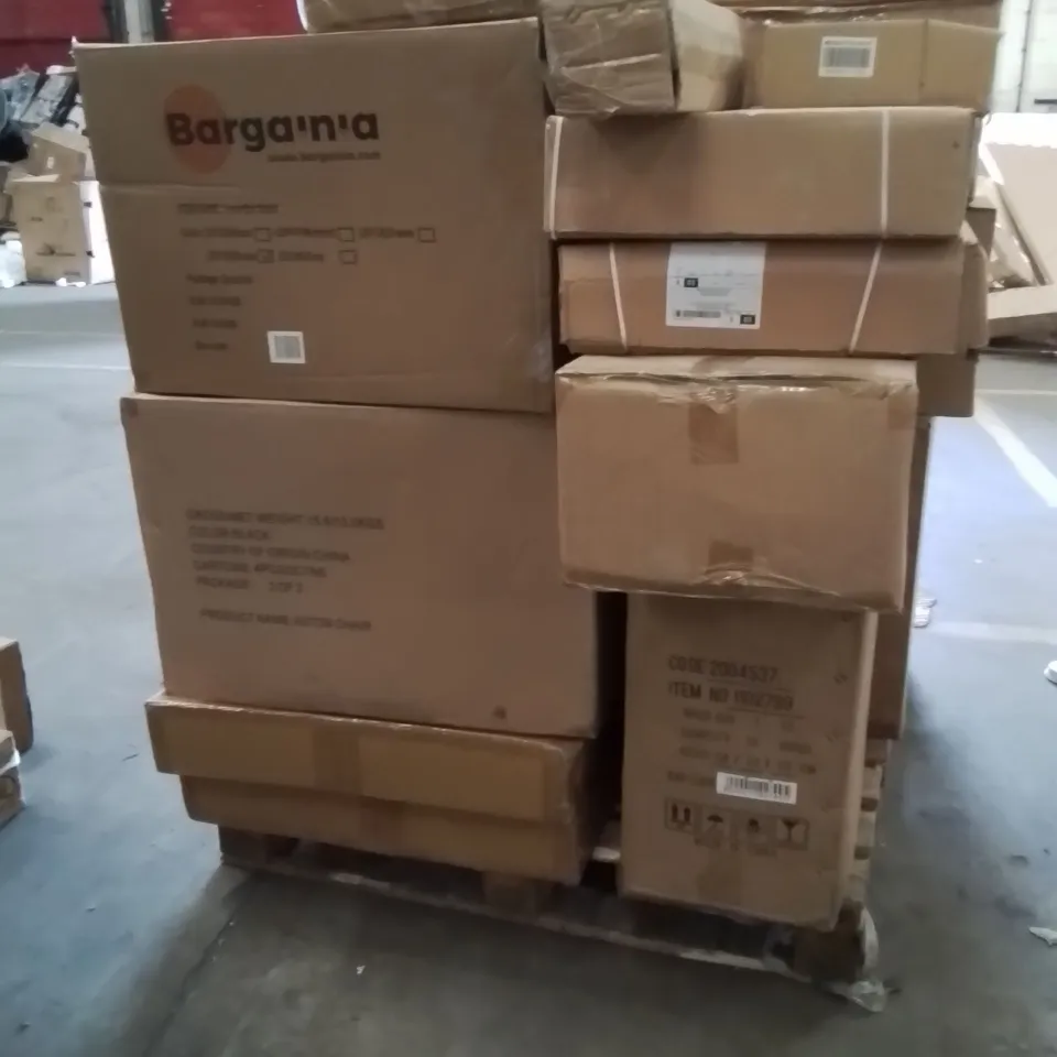 PALLET OF ASSORTED HOUSEHOLD GOODS AND PRODUCTS TO INCLUDE;BAD STOOL,STRING LIGHTS,CUSHION,BIKE SEAT